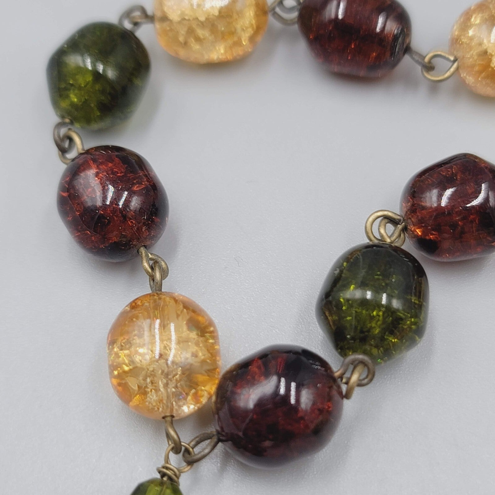Monet Necklace Glass Bead Bronze tone Red Yellow Green 26"-28"