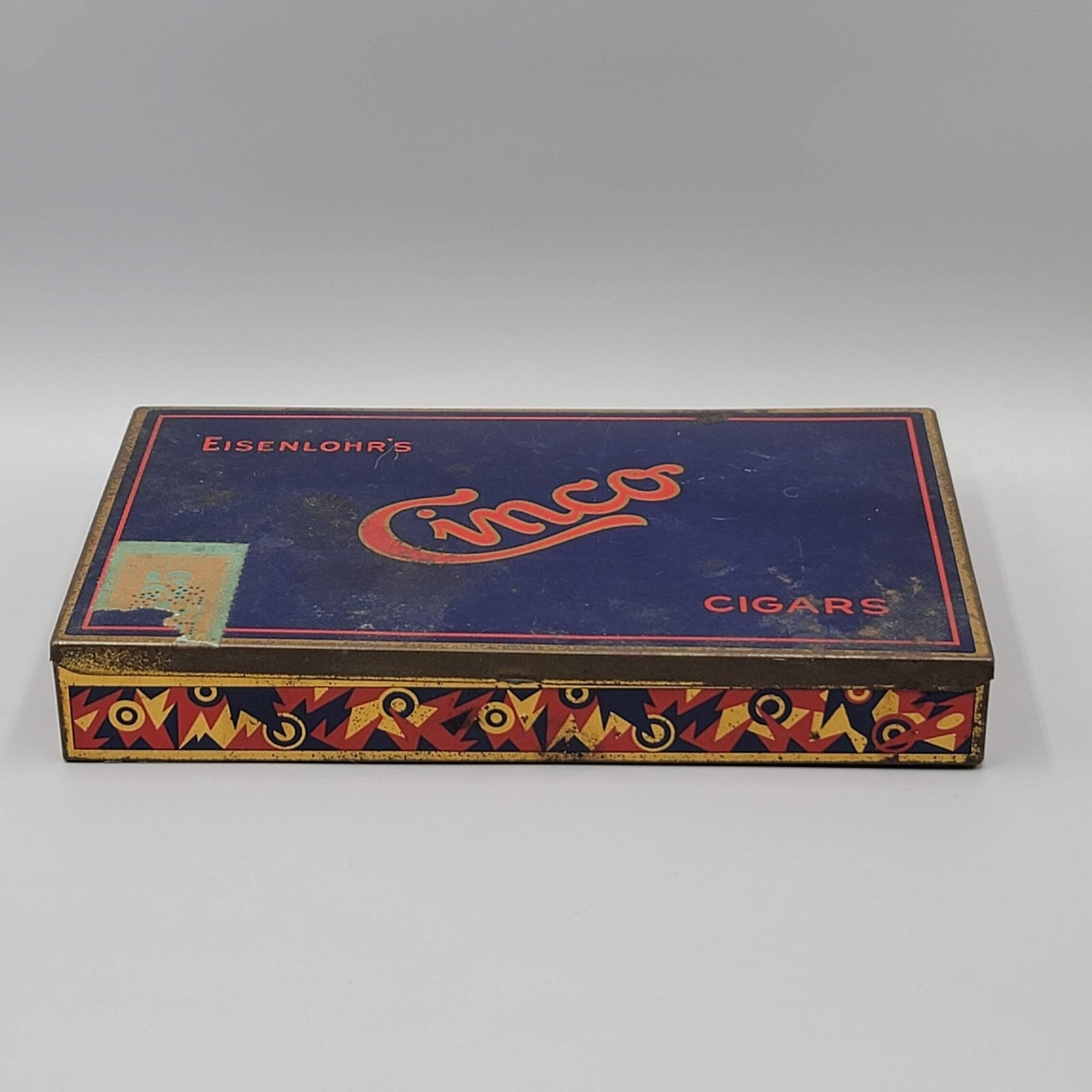 Vintage Cinco Eisenlohrs Cigar Hinged Tobacco Tin 5x8" Tax Stamp