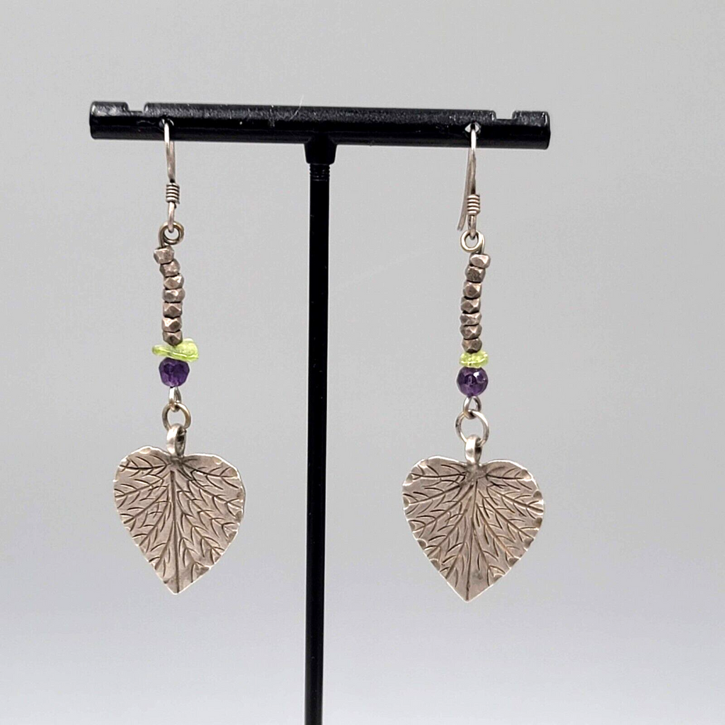 Vintage Pierced Earrings Silver tone Engraved Leaf Bead Dangle 1.75"