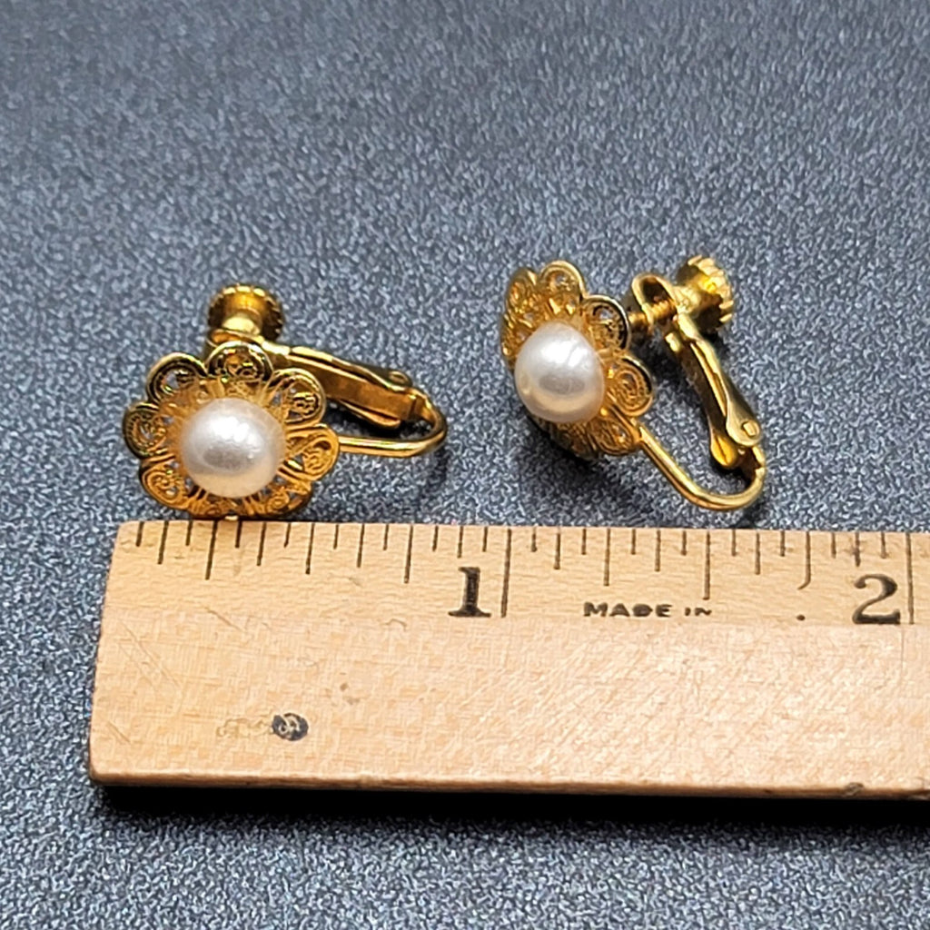 Vintage Clip on Earrings Gold tone Faux Pearl Filigree Flower Studs 1/2"
