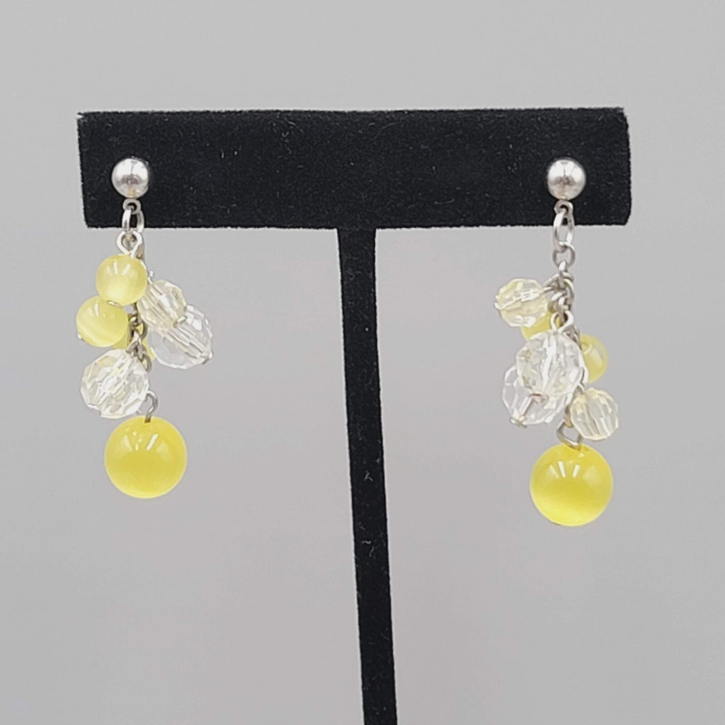 Pierced Earrings Silver tone Yellow Glass Bead Dangle 1.75"
