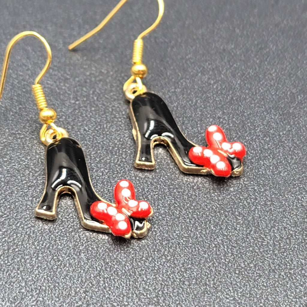 High Heel Shoes Pierced Earrings Gold tone Red Black Enamel Dangle 1"