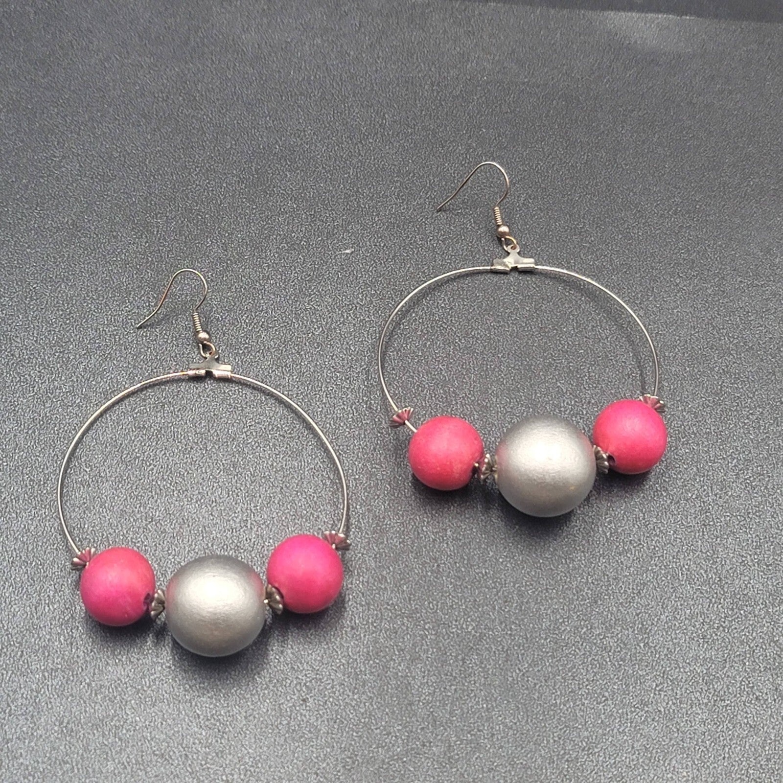 Pierced Earrings Large Silver tone Pink Silver tone Beaded Statement Hoops 2.5"