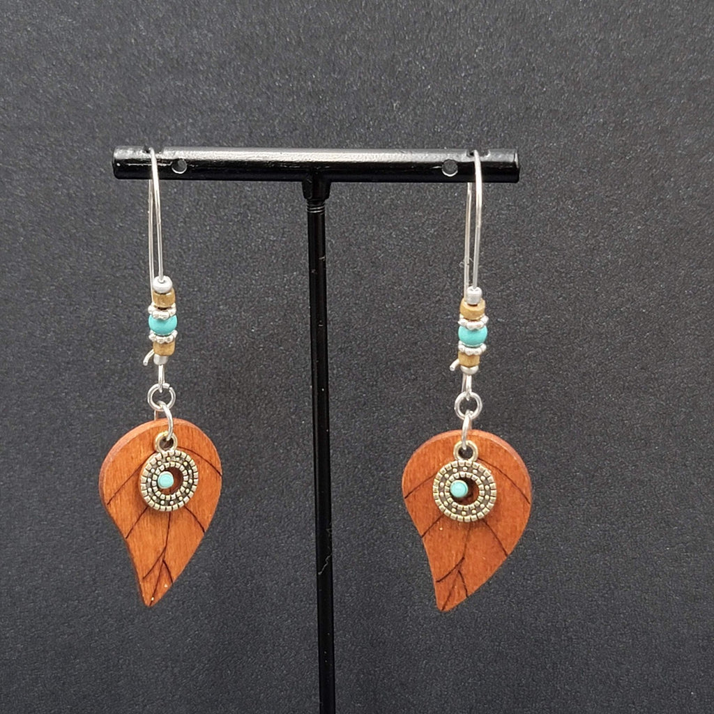 New Boho Pierced Earrings Long Hook Wood Leaf Beaded Dangle 2.75"