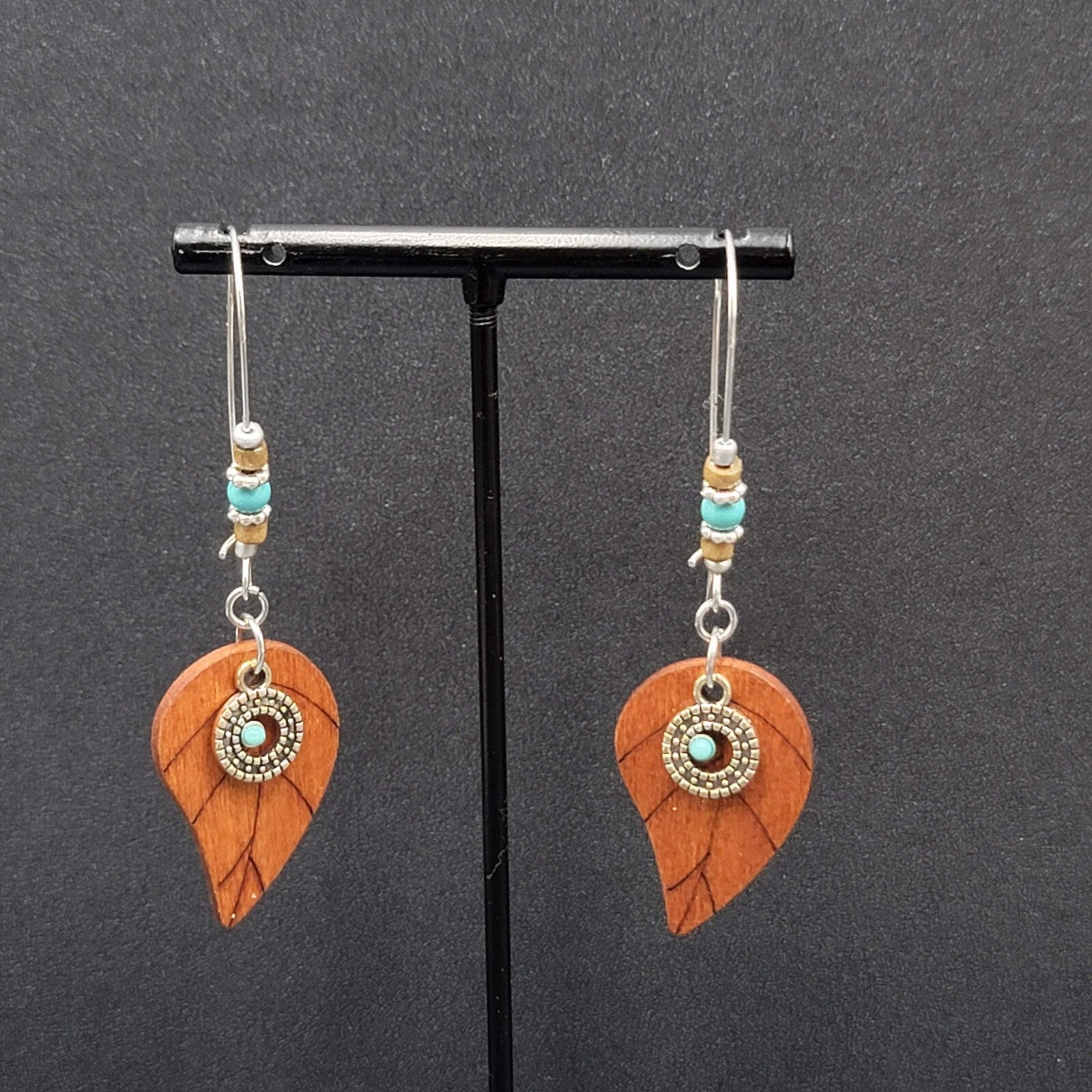 New Boho Pierced Earrings Long Hook Wood Leaf Beaded Dangle 2.75"