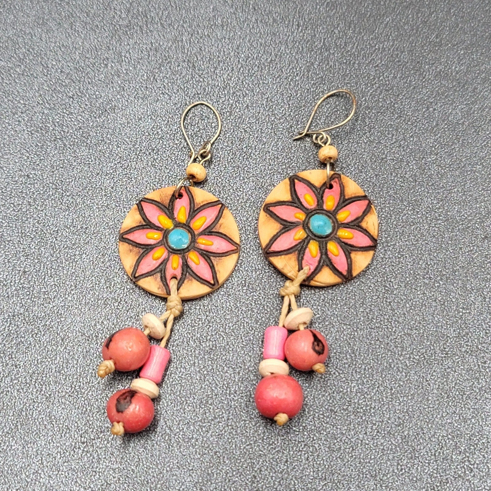 Vintage Pierced Earrings Hand Painted Carved Coconut Pink Bead Dangle 2.25"