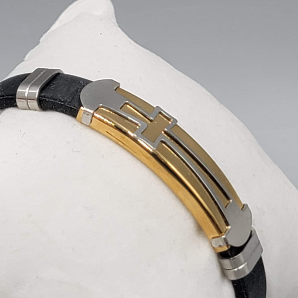 Mens Cross Bracelet Black Leather Gold and Silver tones 7.5"