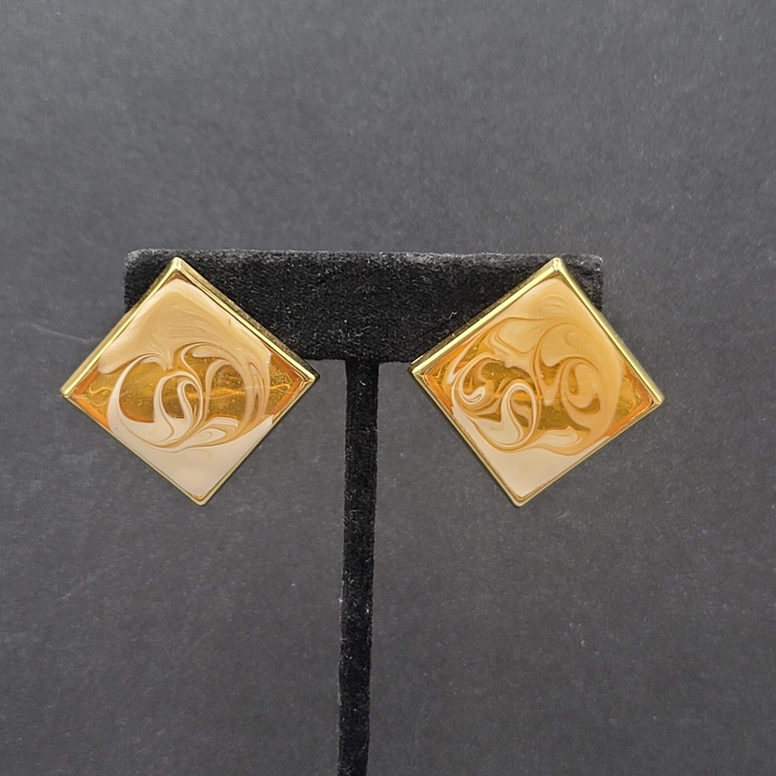 Vintage Pierced Earrings Gold tone Swirl White Gold Enamel Square Drop 1 3/8"