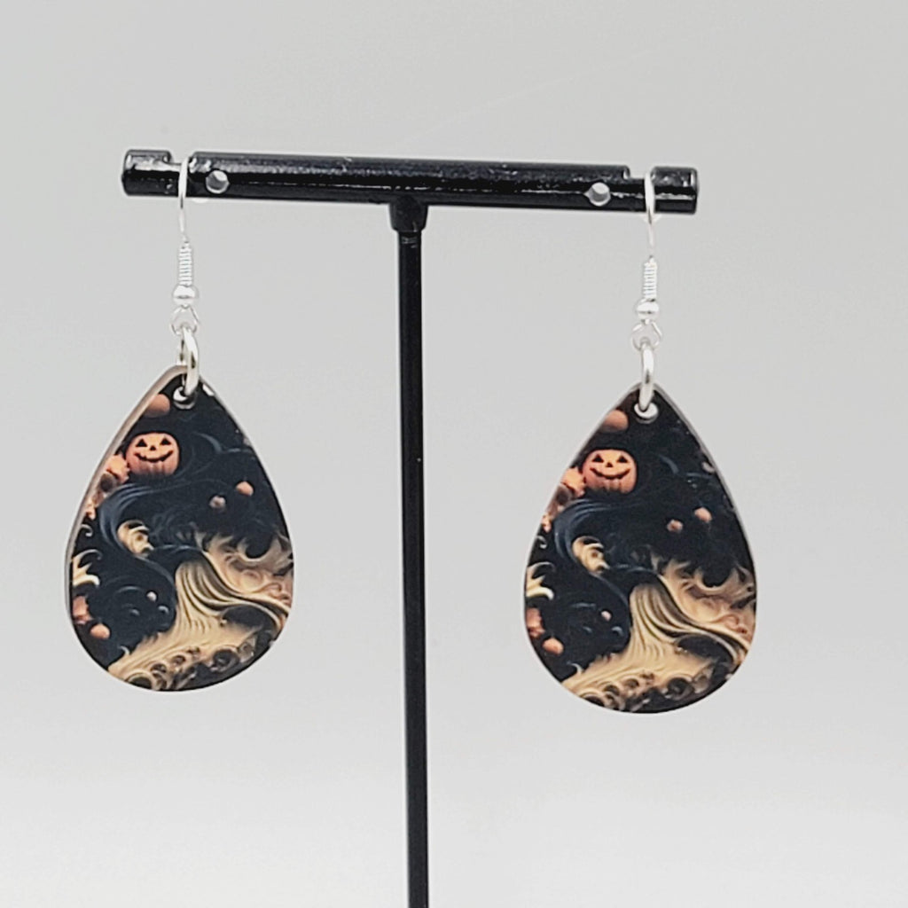 Halloween Pierced Earrings Wood Teardrop Dangle Two Sided 1.5"