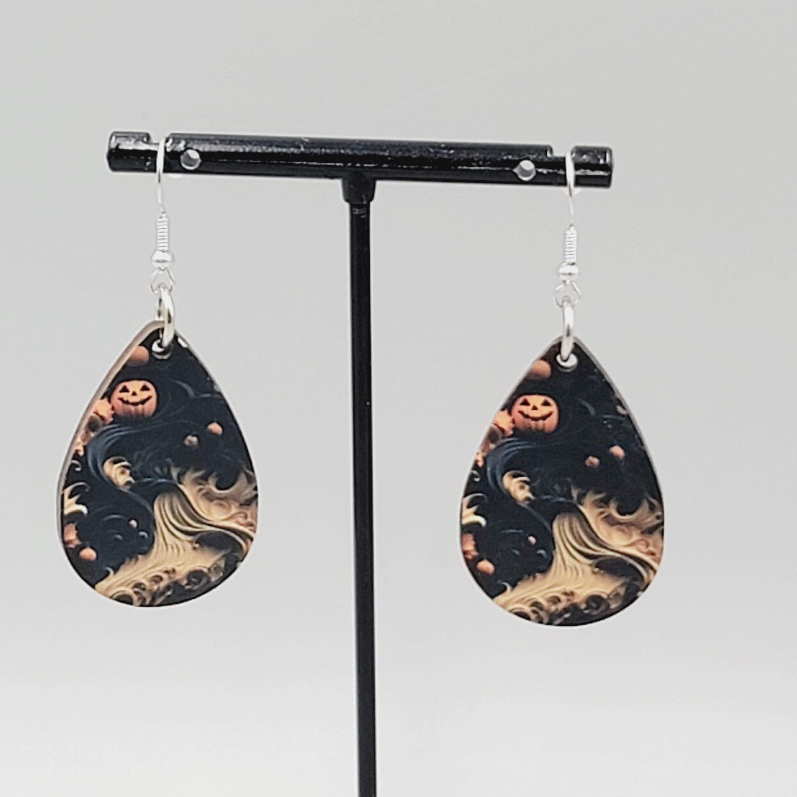 Halloween Pierced Earrings Wood Teardrop Dangle Two Sided 1.5"