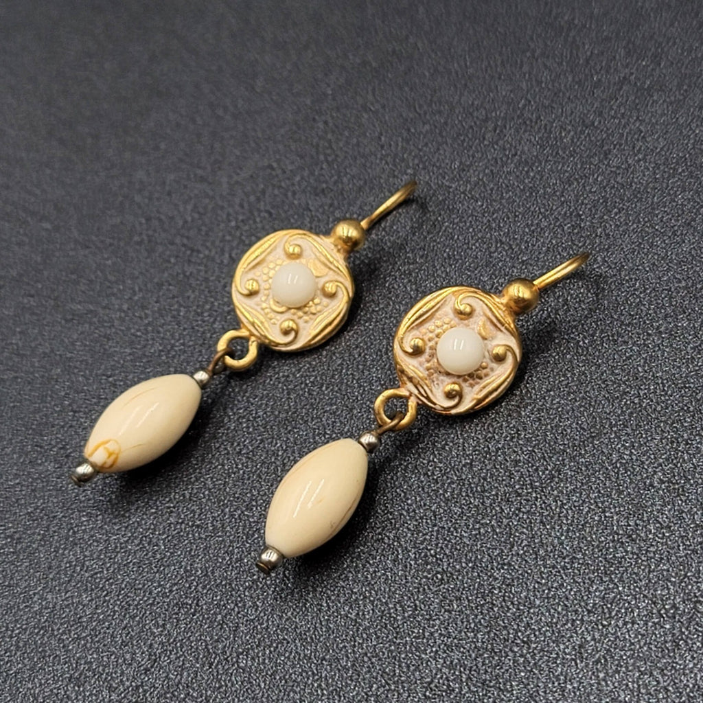 Pierced Earrings Brushed Gold Plated White Bead Dangle 1.5"