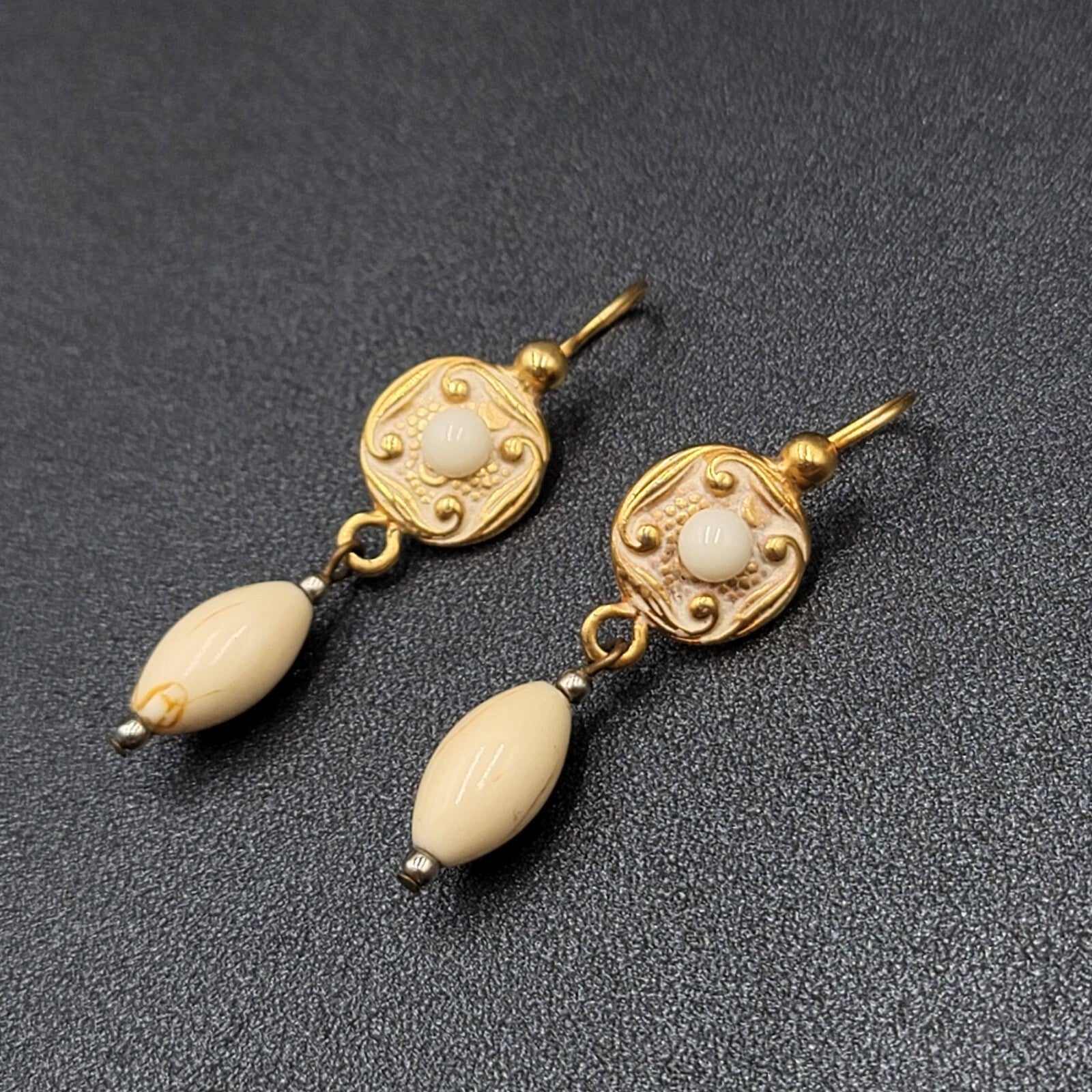 Pierced Earrings Brushed Gold Plated White Bead Dangle 1.5"