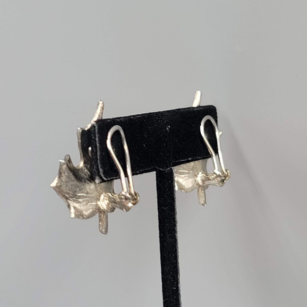 Vintage Leaf Clip on Earrings Brushed Textured Silver tone 1.25"