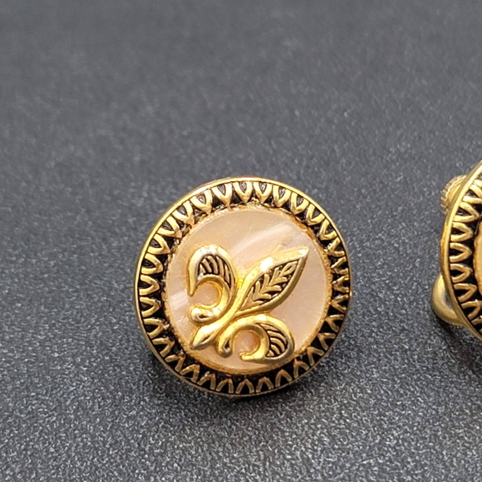 Vintage Clip on Earrings Gold tone Fleur Di Lis Mother of Pearl 5/8" Screw Back