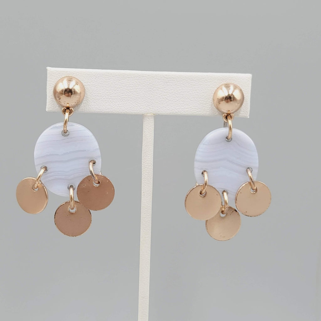 Modern Dangle Earrings Gold Tone Discs Blue Lace Agate Look Boho Chic Pierced 2"