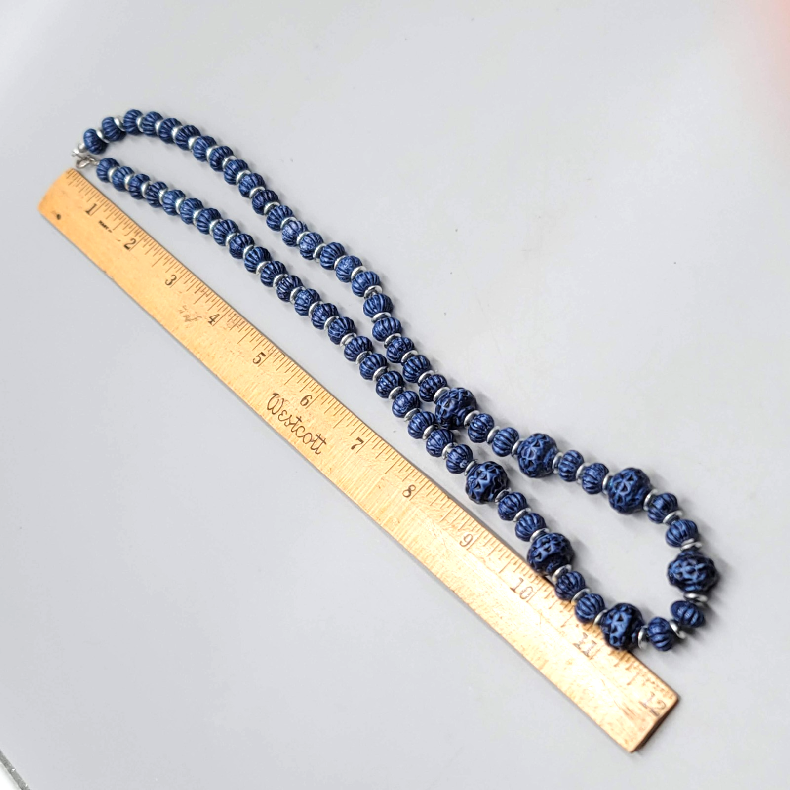 Vintage Textured Blue Bead Necklace Silver tone Spacers 24"