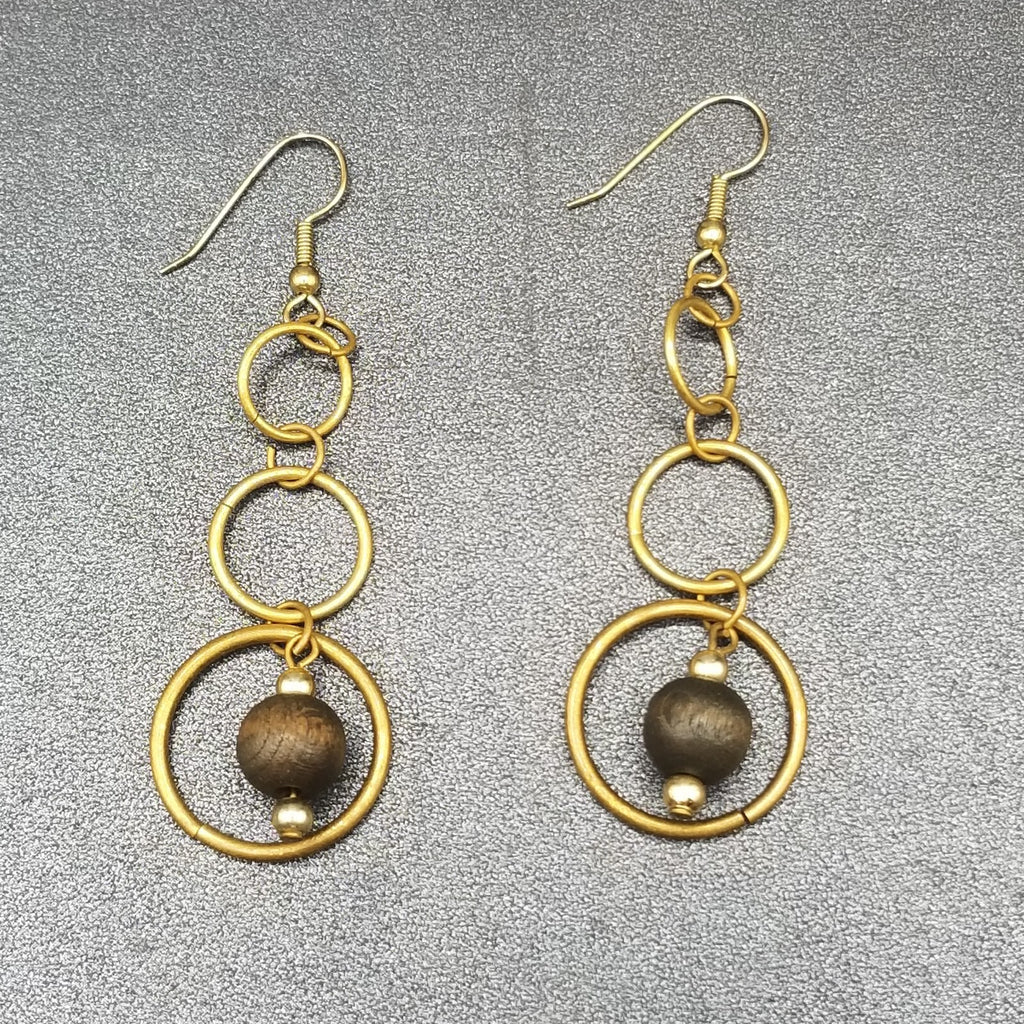 Pierced Earrings Antiqued Gold tone Graduated Chain Wood Bead Dangle 2 1/8"