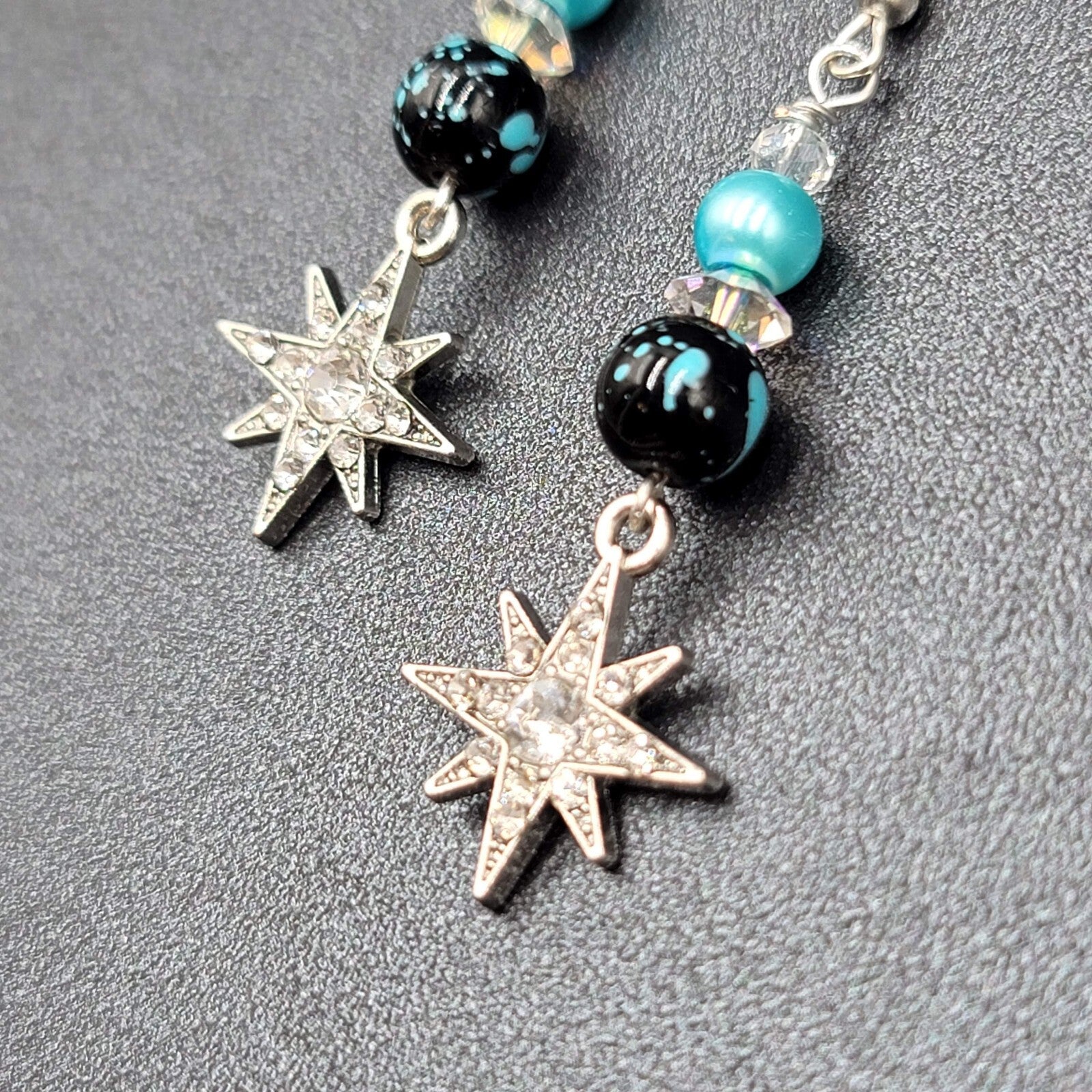 Pierced Earrings Silver tone Blue Bead Rhinestone Star Dangle 1.75"