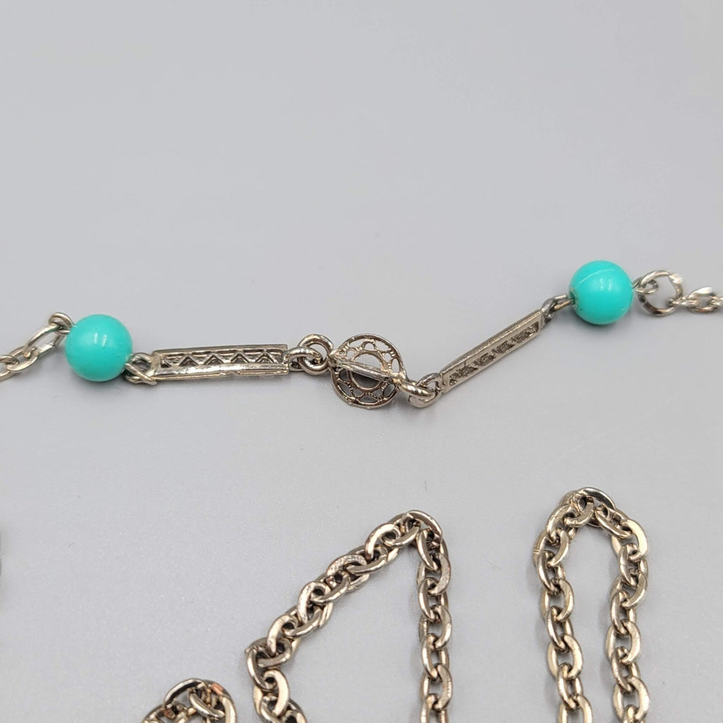 Extra Long 88 in Chain Necklace Station Blue Beads Layered