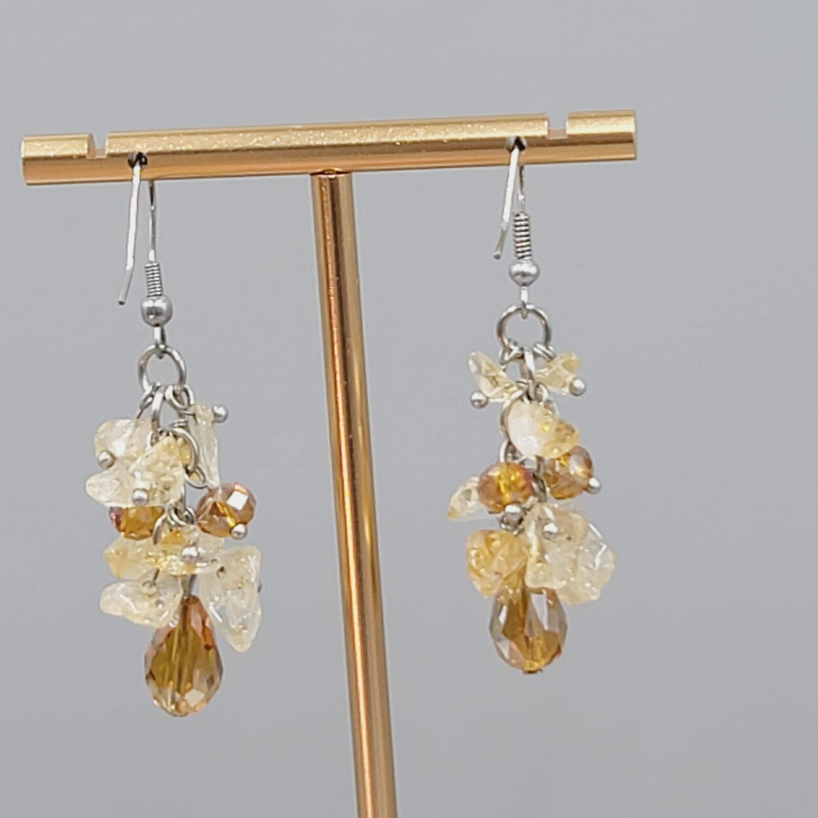 Quartz and Crystal Cluster Beads Pierced Earrings Silver tone Dangle 1.5"