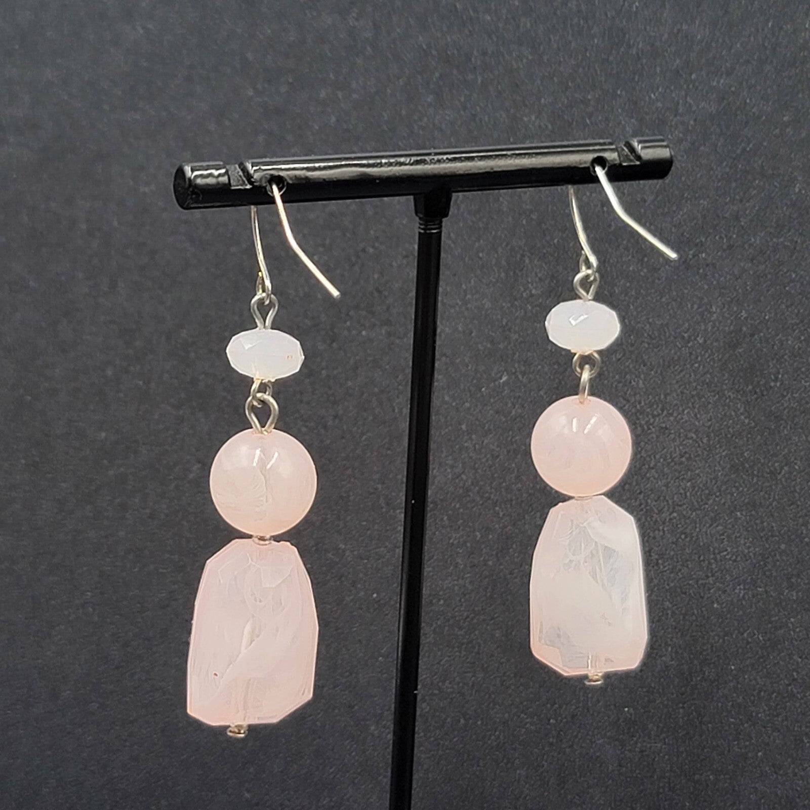 Pierced Earrings Silver tone Acrylic Marbled Pink Beads Dangle 2"