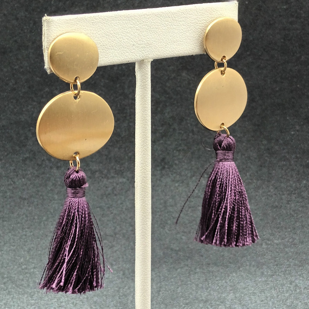 Pierced Earrings Gold tone Purple Tassel Statement Dangle 2 5/8"