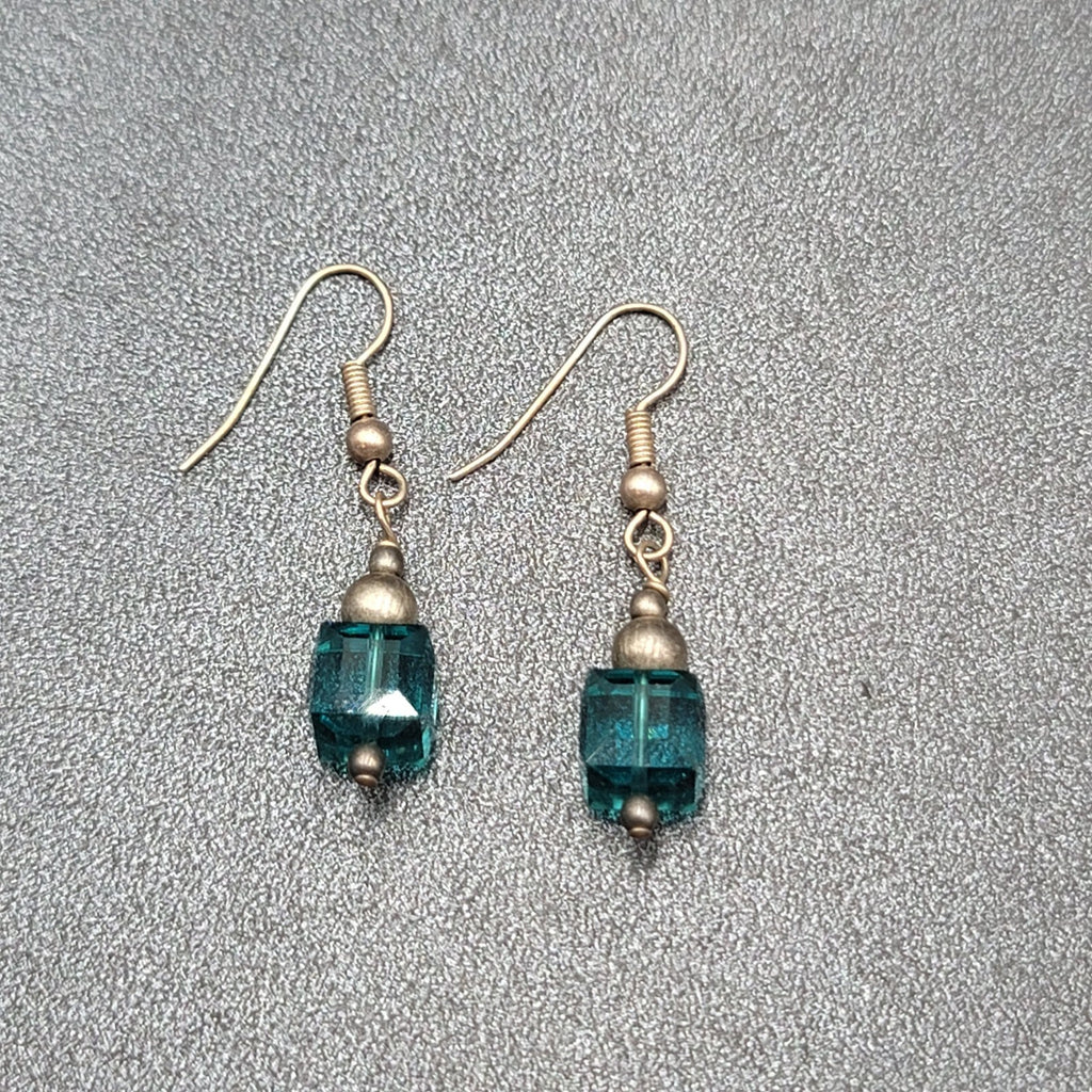 Pierced Earrings Silver tone Square Blue Crystal Bead Dangle 7/8"