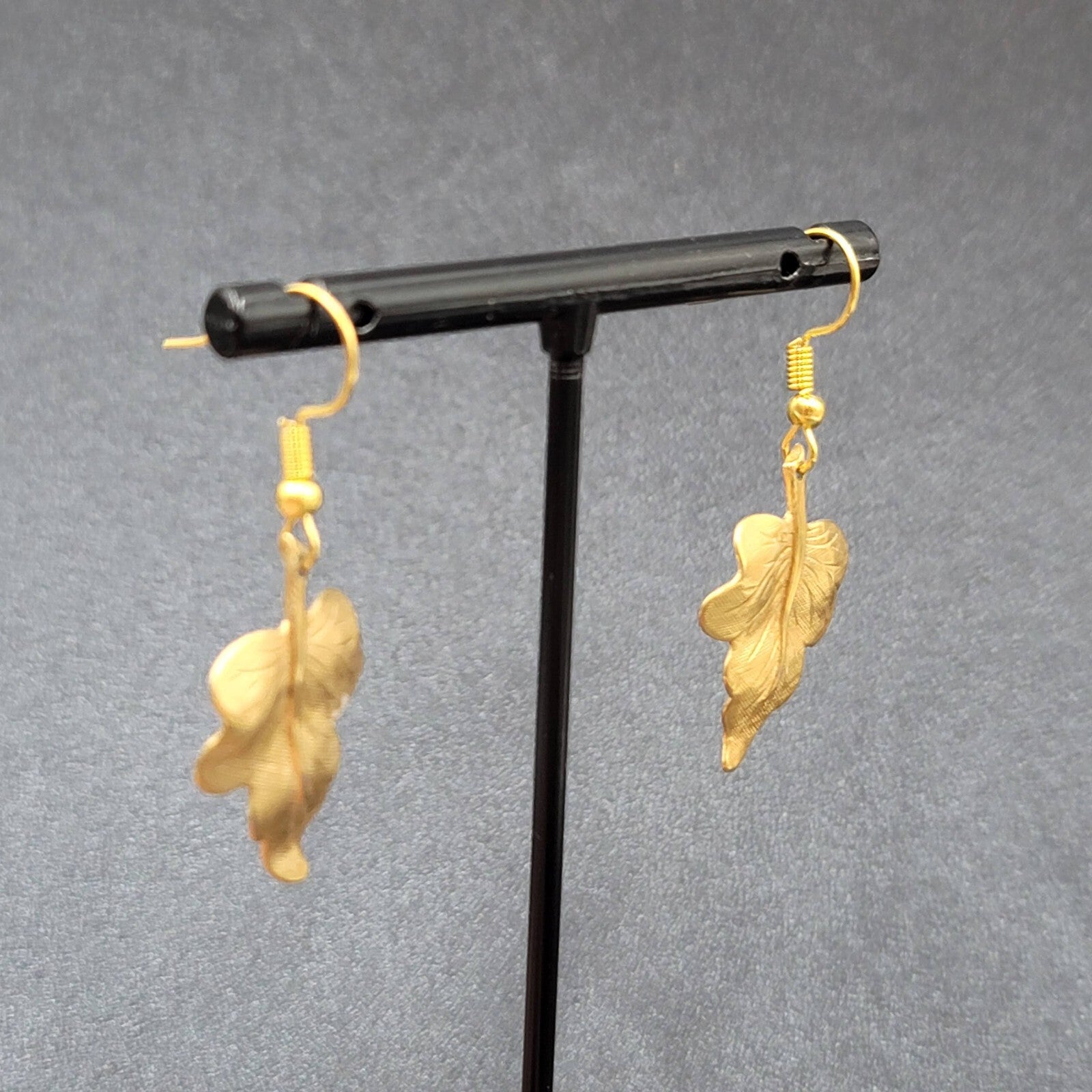 Pierced Earrings Brushed Gold Plated Dangle Detailed Leaves 1 1/8"