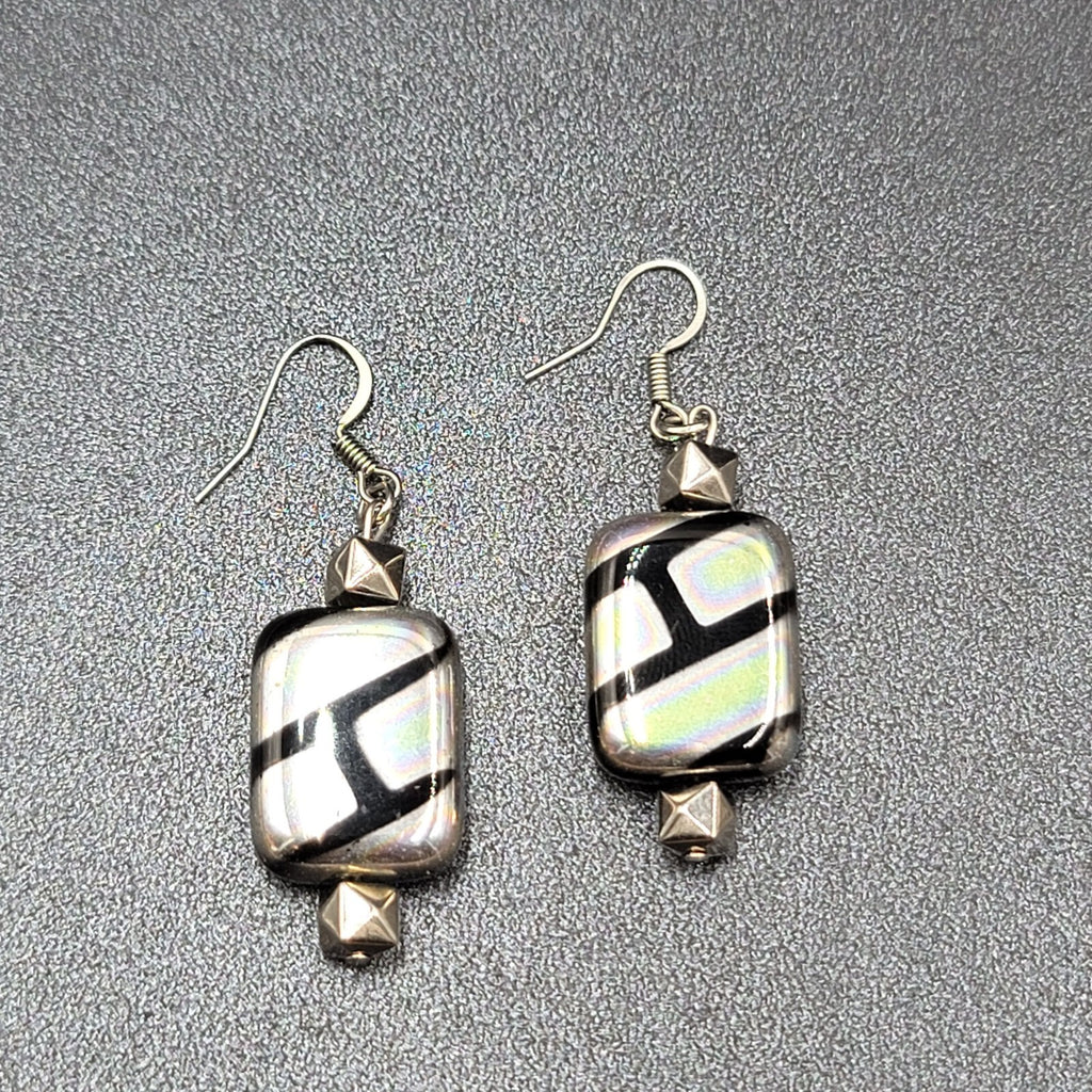 Pierced Earrings Unique Art Glass Beads Iridescent Rectangles 1 3/8"