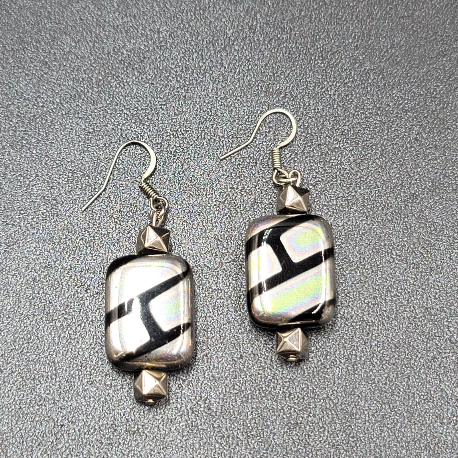 Pierced Earrings Unique Art Glass Beads Iridescent Rectangles 1 3/8"