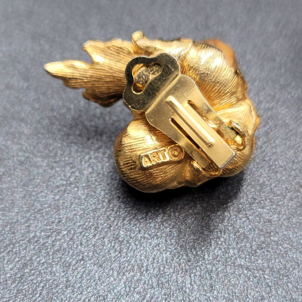 Vintage ART Clip on Earrings Gold Plated Wood Beads Leaf Design Climber 1.25"