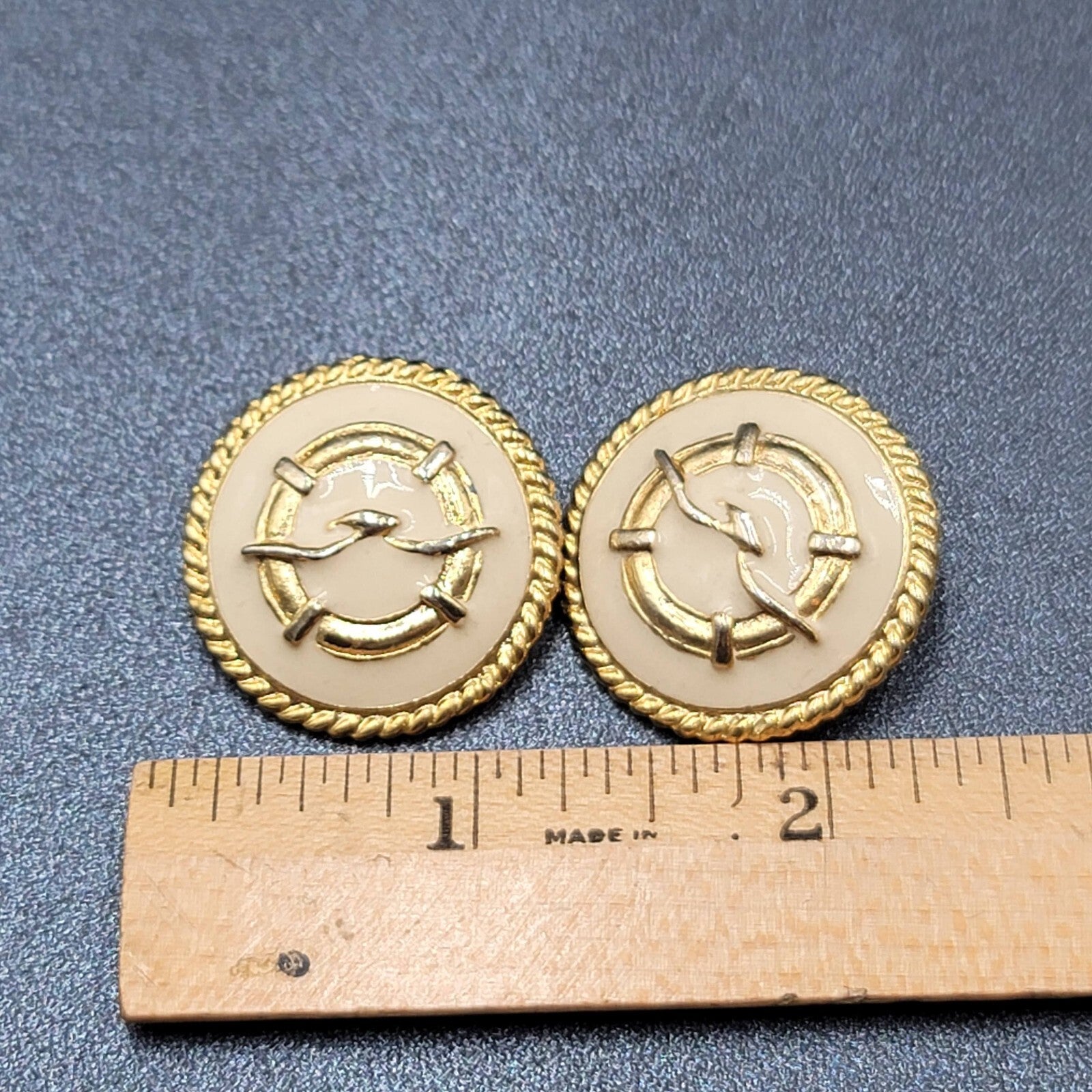 Vintage Clip on Earrings Gold Plated White Enamel Seagull Nautical Round 1 1/8"