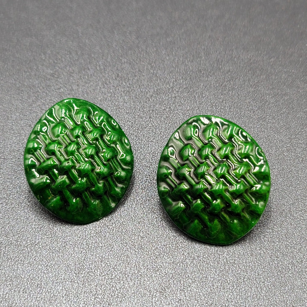Vintage Pierced Earrings Dark Green Weave Pattern  1.5"