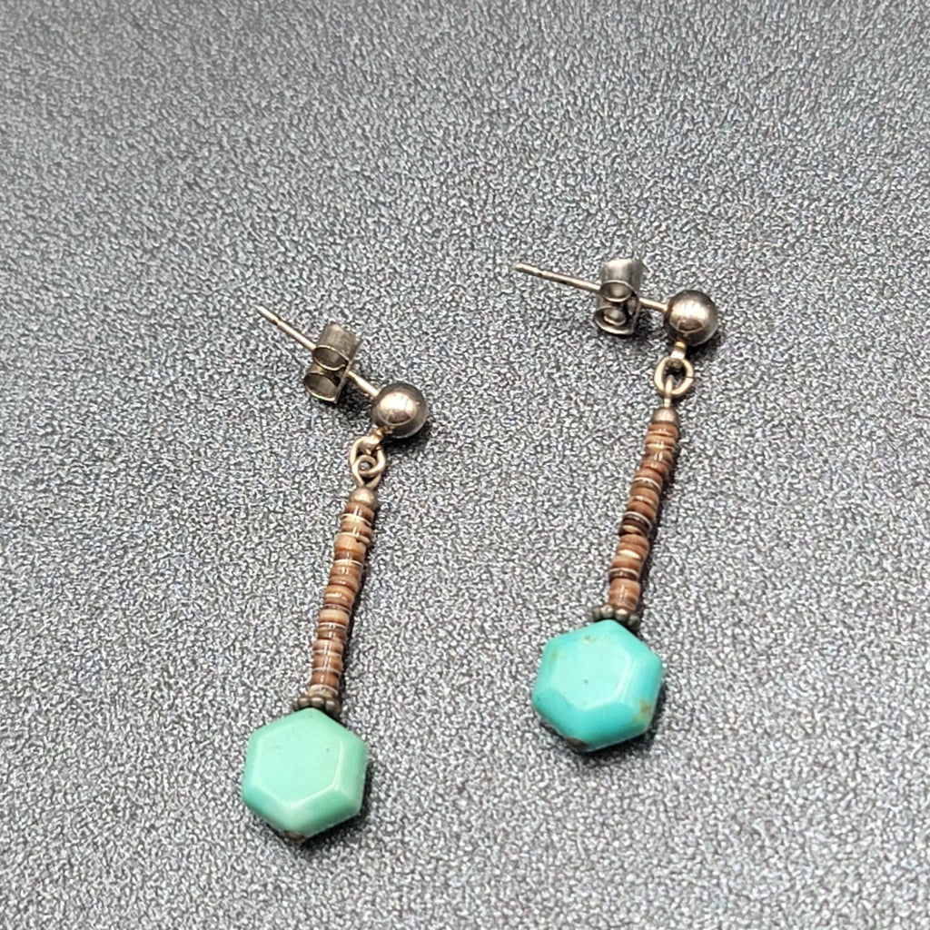 Pierced Earrings Heishi Shell Turquoise Bead Dangle 1.25"