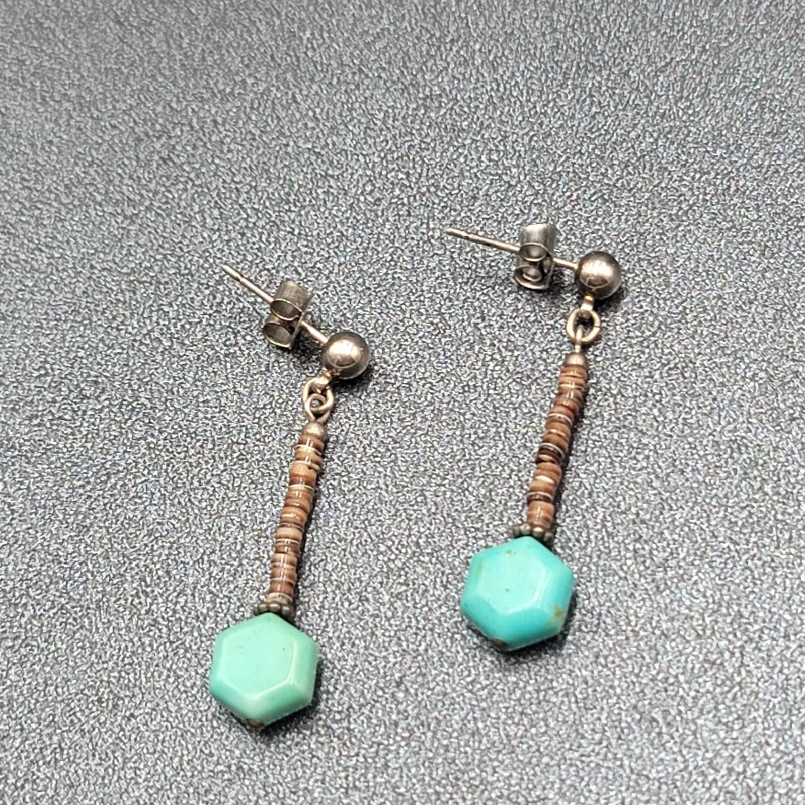 Pierced Earrings Heishi Shell Turquoise Bead Dangle 1.25"