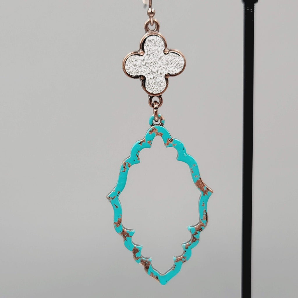 Blue Enamel Patina Dangle Pierced Earrings Silver tone Cross Copper tone 2.5"
