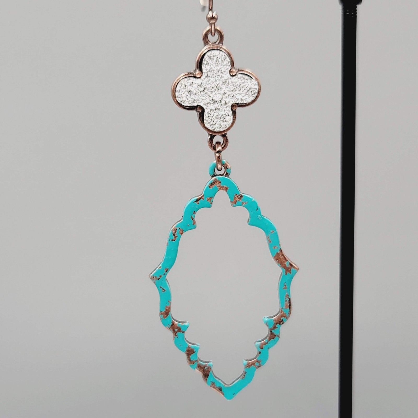 Blue Enamel Patina Dangle Pierced Earrings Silver tone Cross Copper tone 2.5"
