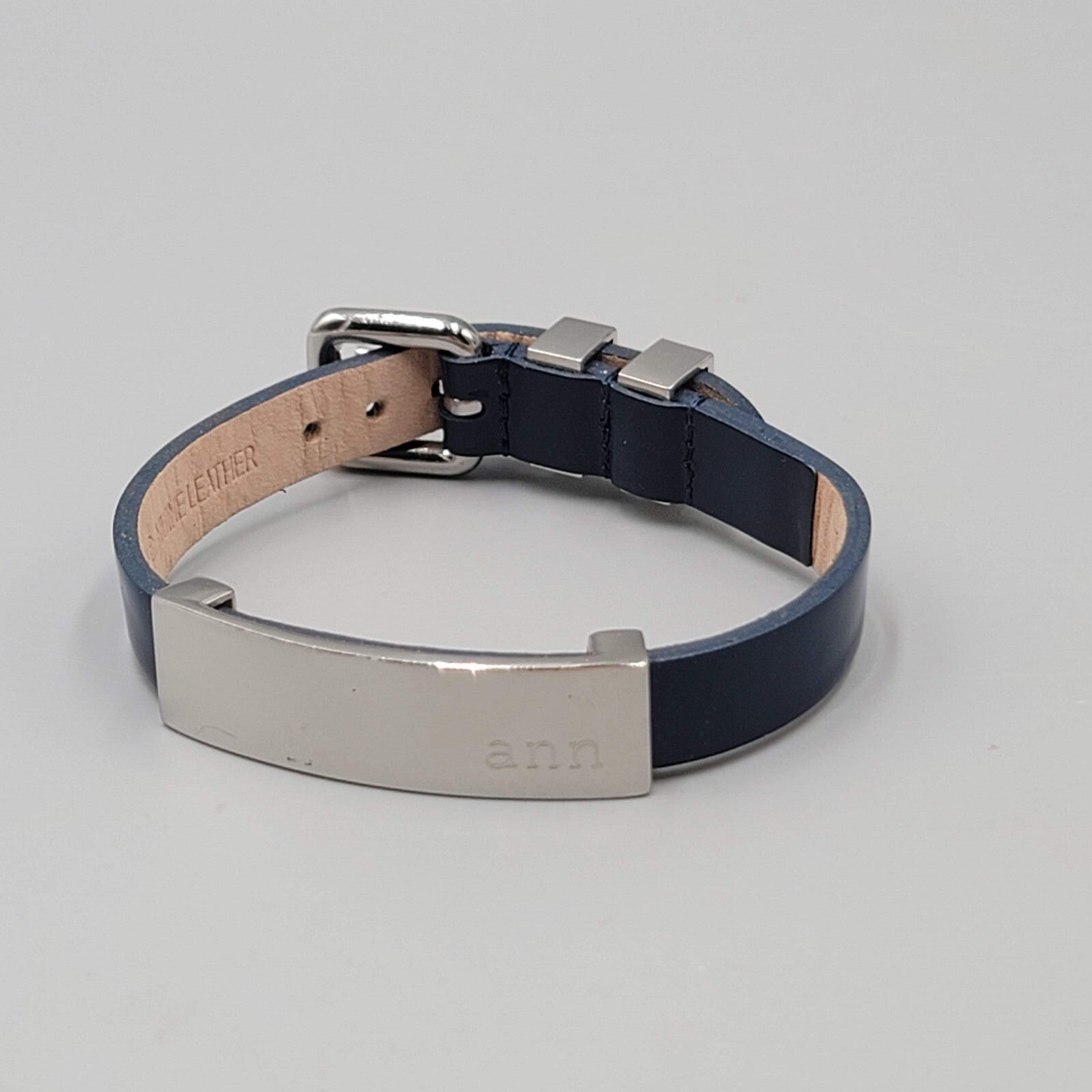 ANN ID Name Rustic Cuff Bracelet Silver Tone Navy Blue Leather RC Buckle Adj