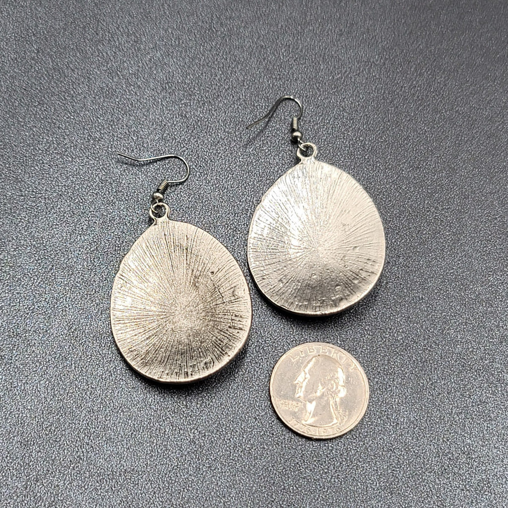Pierced Earrings Silver tone Teardrop Medallion Yellow Accents Boho 1 7/8"