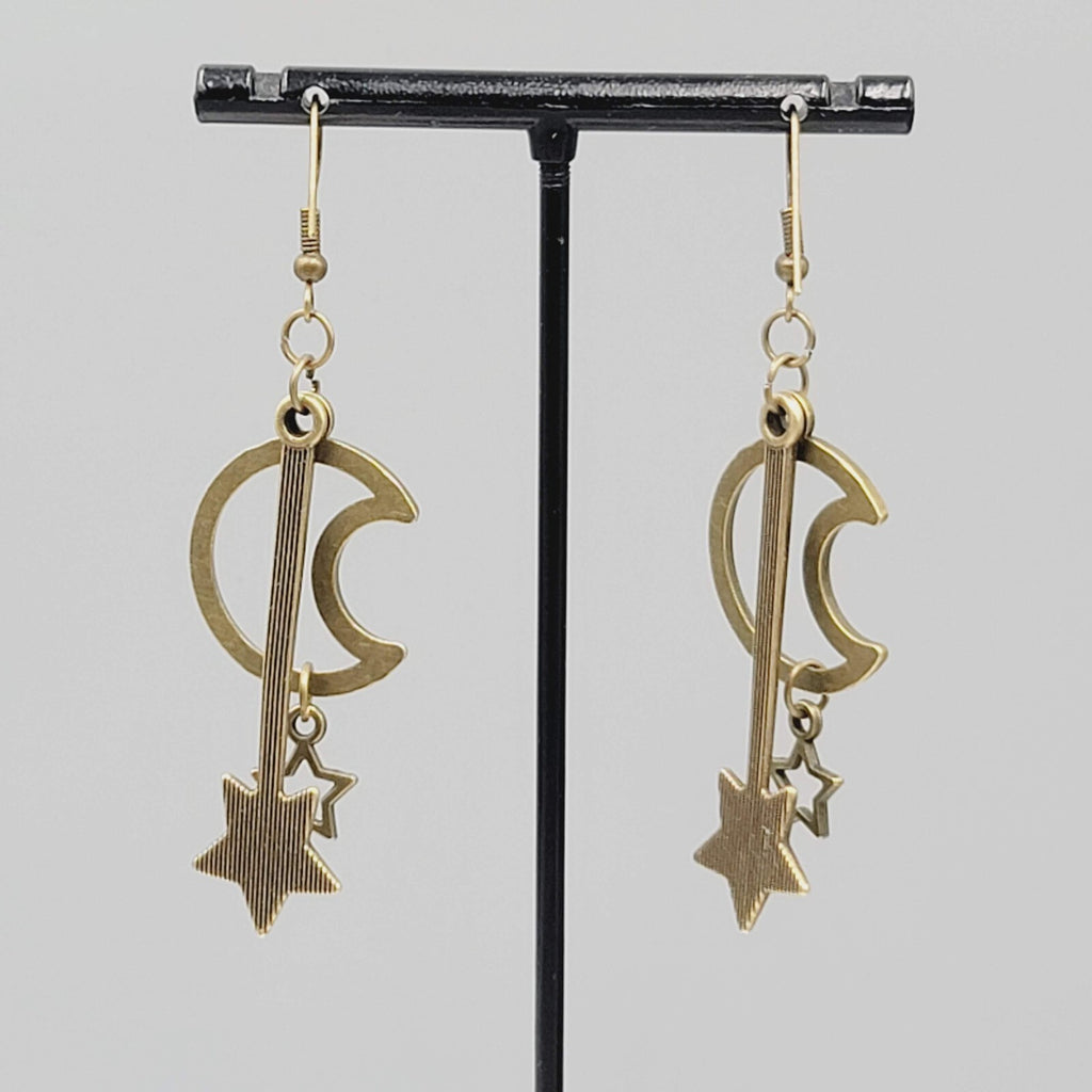 Open Work Moon Dangle Stars Pierced Earrings Bronze tone 2"
