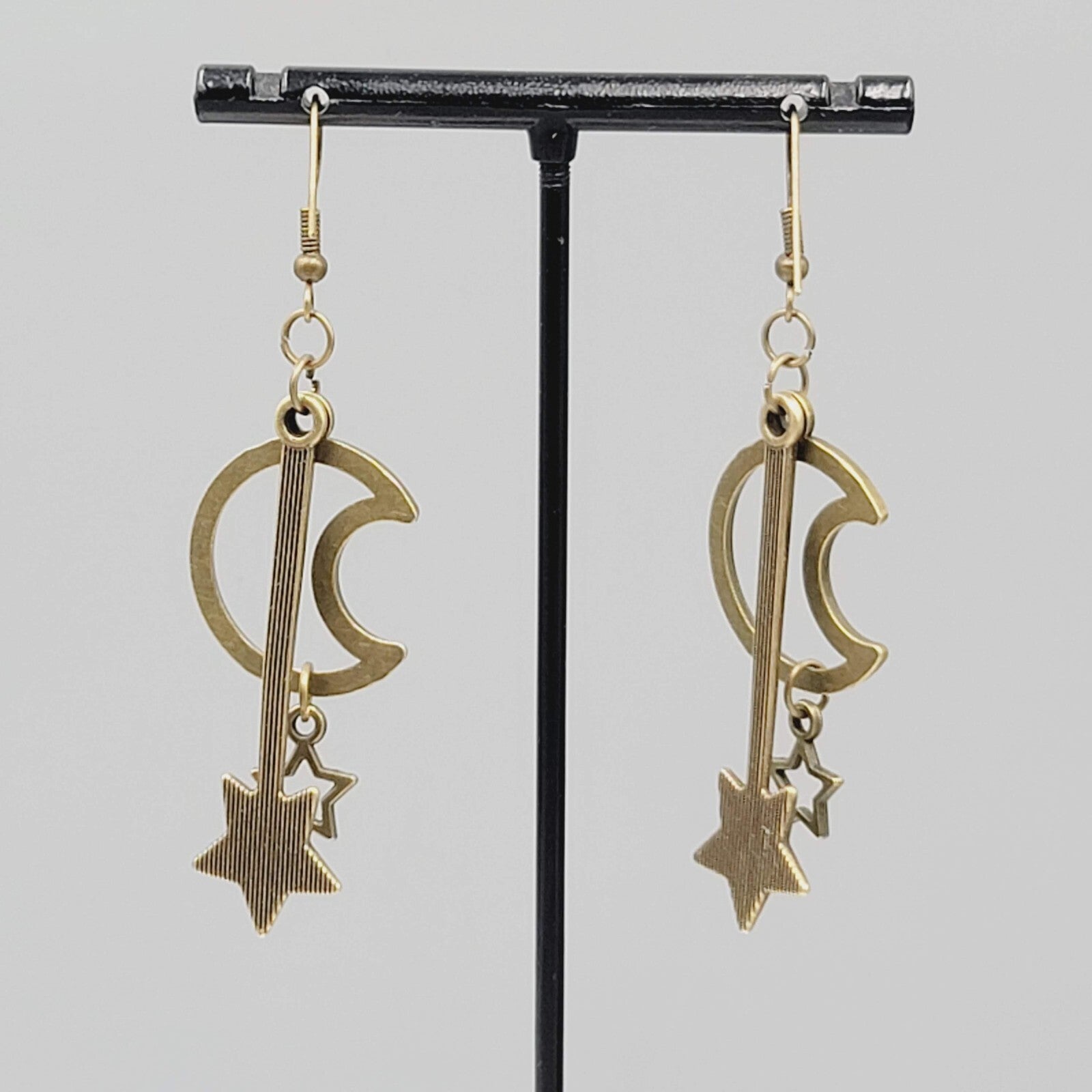 Open Work Moon Dangle Stars Pierced Earrings Bronze tone 2"