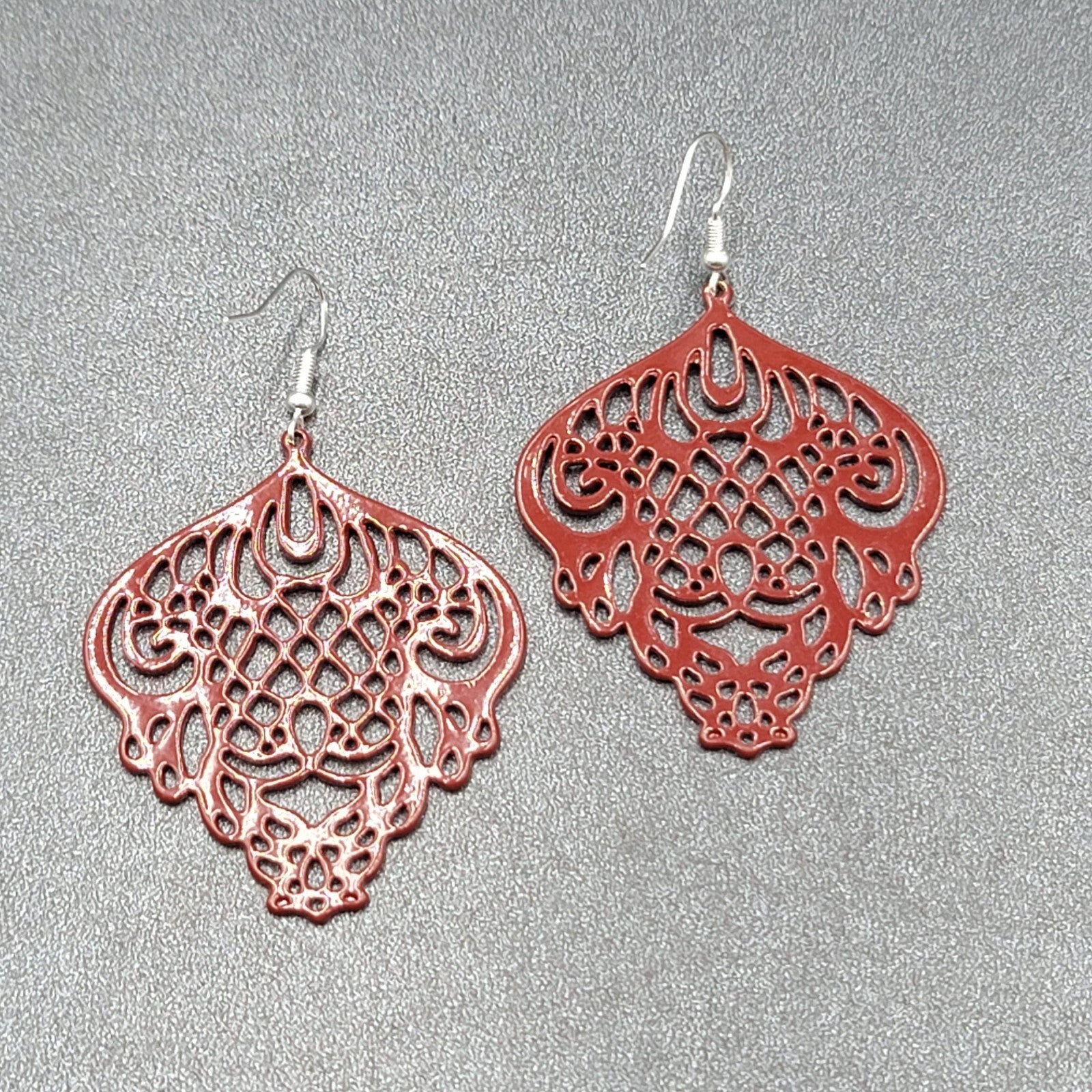 Pierced Earrings Burgandy Red Enamel over Metal Open work 2"