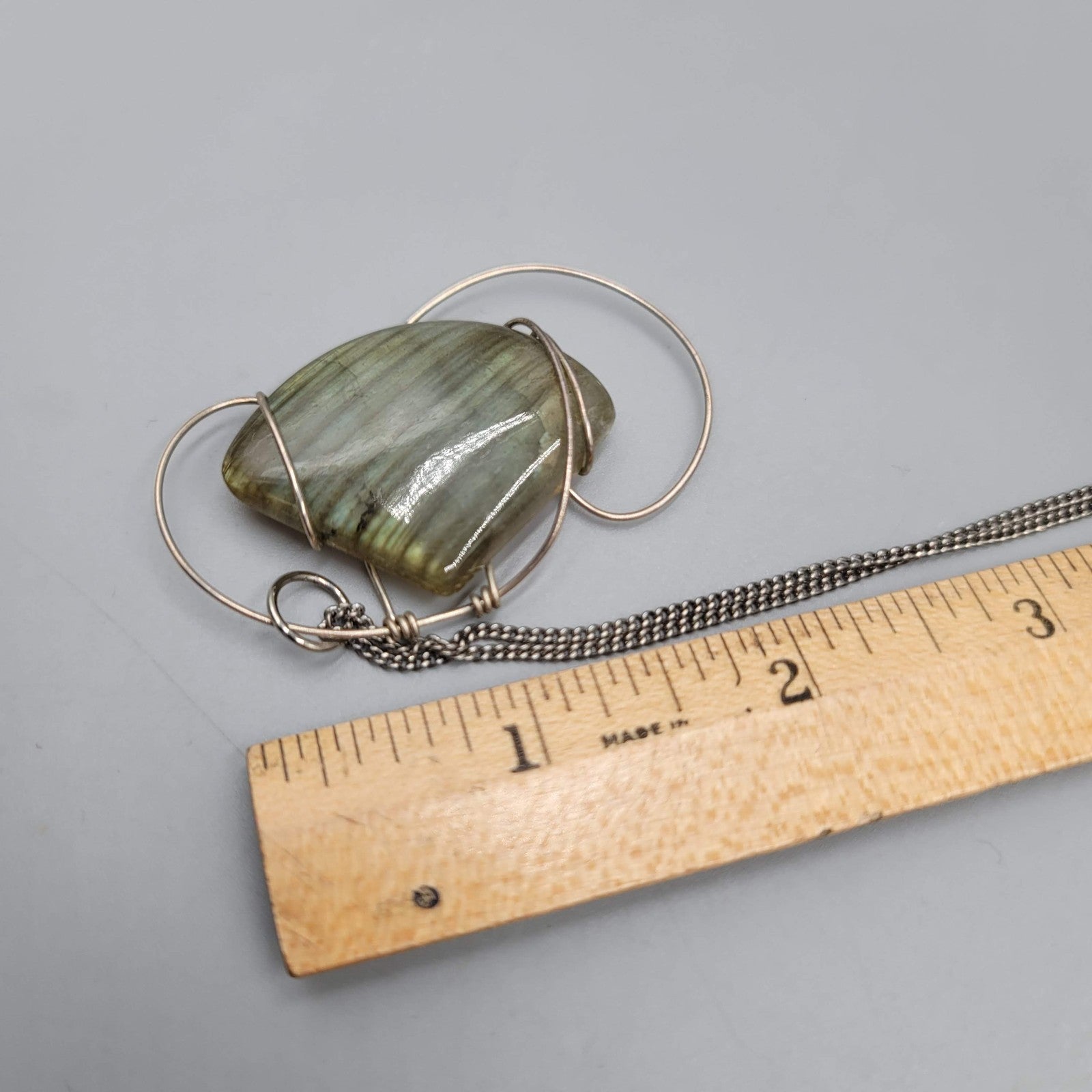 Labradorite Wire Wrapped Pendant Necklace Silver tone 24 in