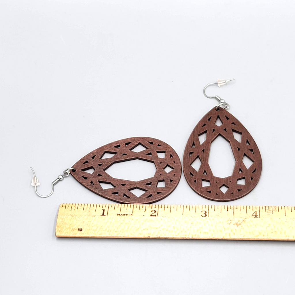 Wood Cut Large Teardrop Boho Pierced Earrings Silver tone Dangle 2.5 in