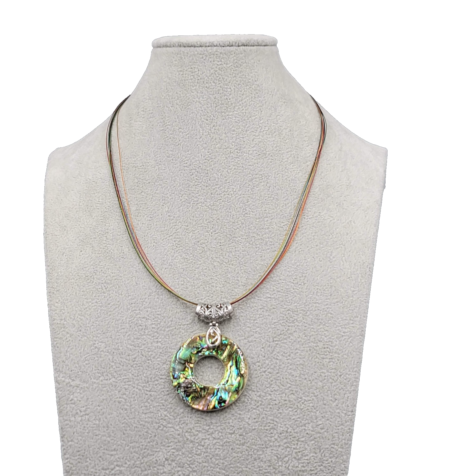 Abalone Shell Ring Pendant Silver tone Necklace Multi Color Cord 18 in