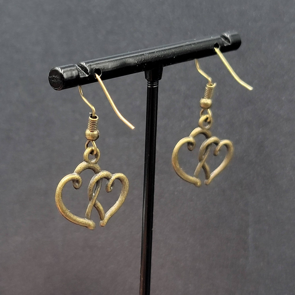 New Double Open Hearts Pierced Earrings Bronze tone Dangle 3/4"