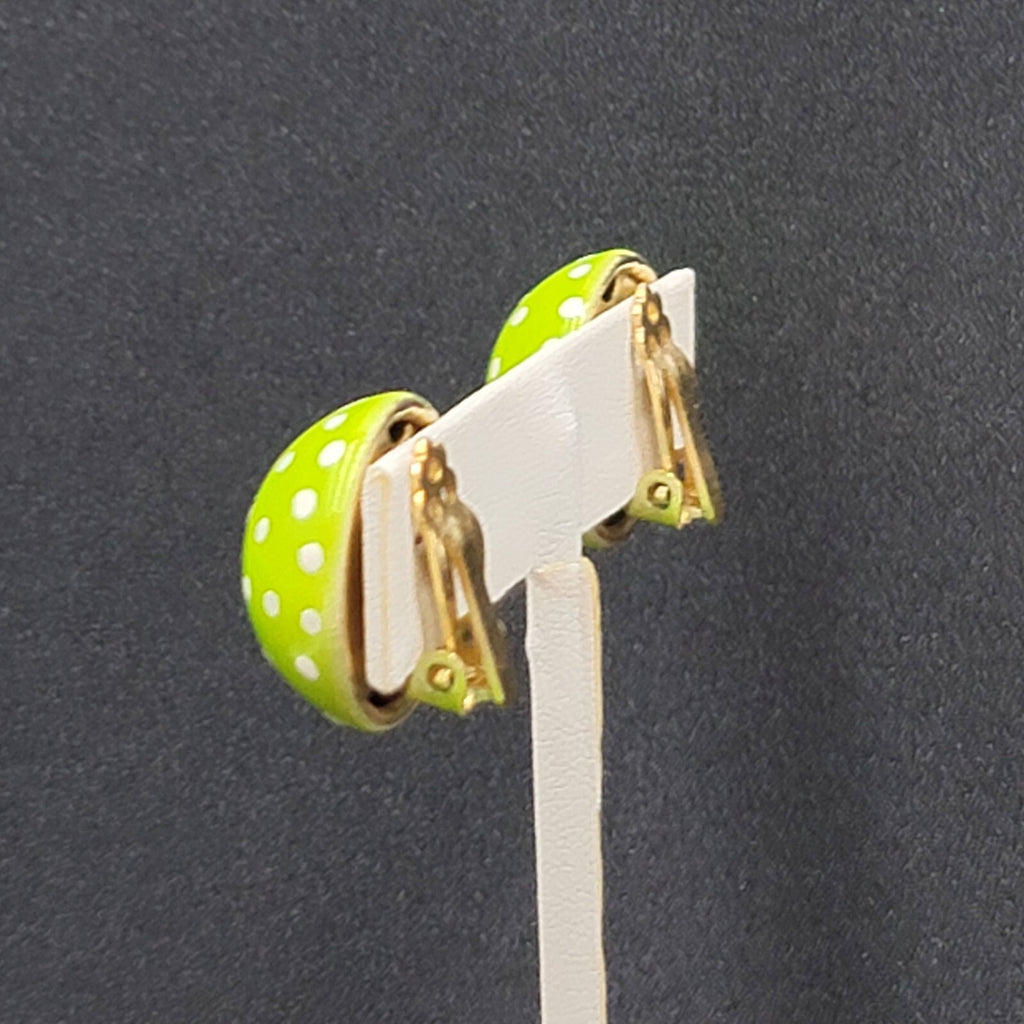 Vintage Clip on Earrings Hand Painted Green Enamel Polka Dot Dome Studs 3/4"