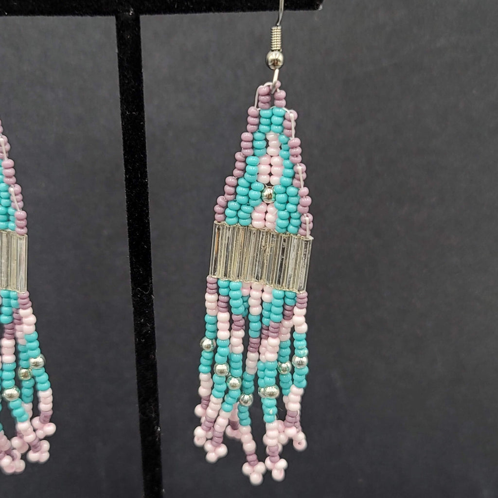 Pierced Earrings Blue Pink Purple Seed Bead Weaved 3 3/8"