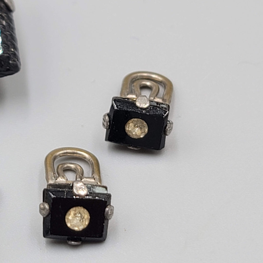 Vintage Cufflinks and Shirt Stud Set Black Glass Rhinestone Silver tone