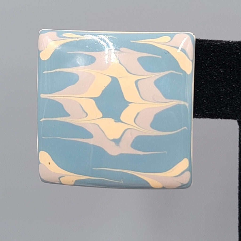 Vintage Pierced EarringsTan Blue Enamel over Metal Square Drop  1 1/8"
